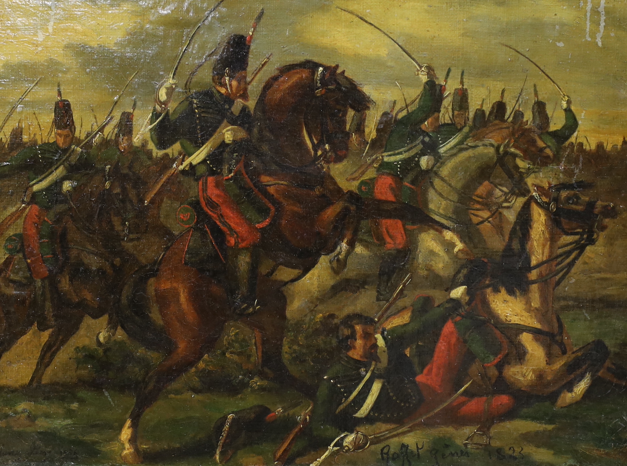 After Auguste Raffet (French, 1804-1860) pair of unframed oils, early 19th century British and French cavalry battle scenes, 32.5cm x 24cm